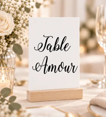 Marque-table blanc avec support bois personnalisé