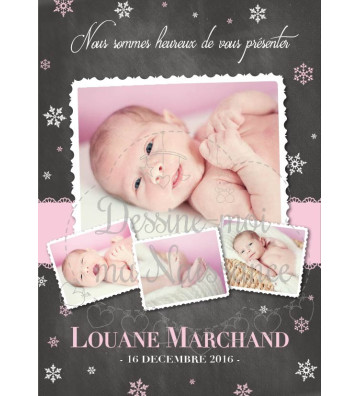 RECTO - Faire part de naissance fille - "ardoise flocons"