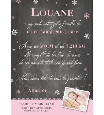 VERSO - Faire part de naissance fille - "ardoise flocons"