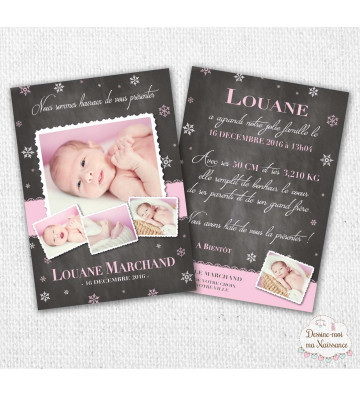 Faire part de naissance fille - "ardoise flocons"