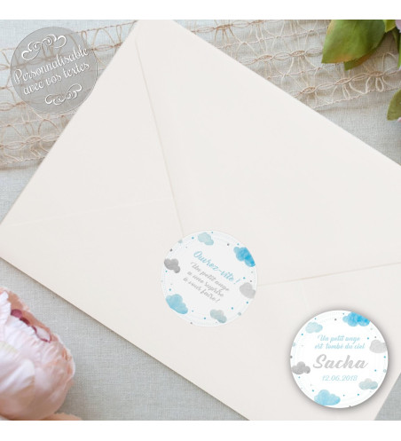 24 Autocollants naissance personnalisés - "aquarelle nuages"
