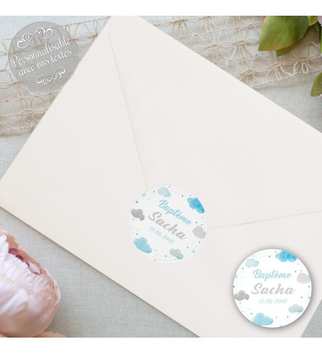 24 Autocollants baptême personnalisés - "aquarelle nuages"