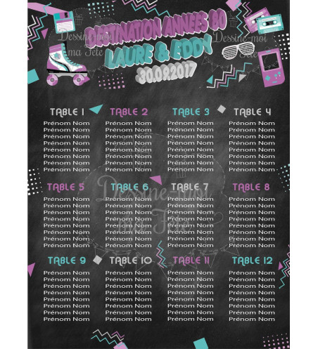 Plan de table Mariage "Années 80" personnalisé - 12 TABLES