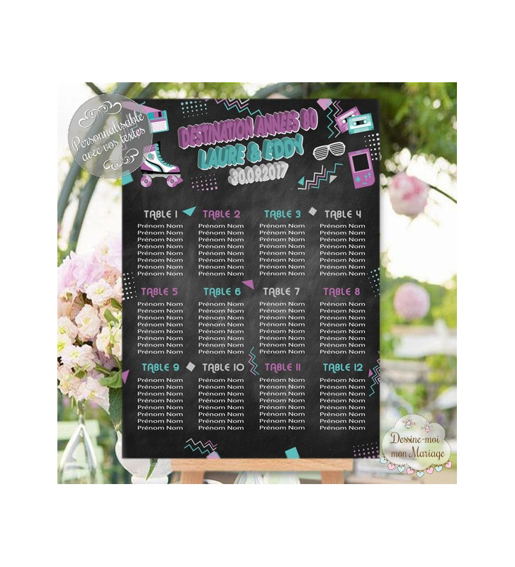 Plan de table Mariage "Années 80" personnalisé