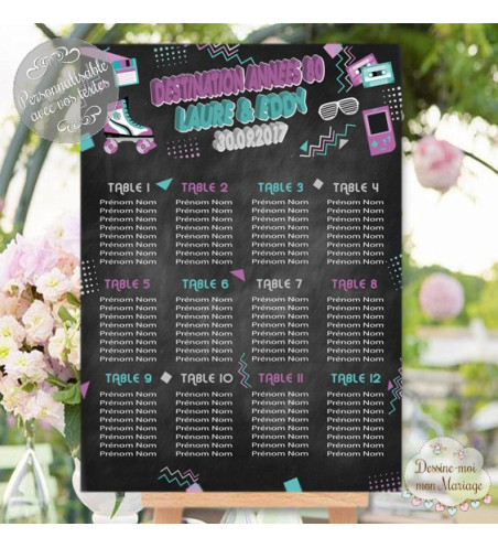 Plan de table Mariage "Années 80" personnalisé