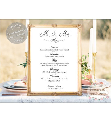 Tableau Menu Mariage "Minimaliste blanc" personnalisé