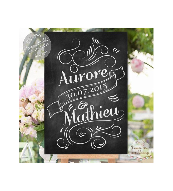 Tableau de Bienvenue mariage personnalisé Prénoms mariés ardoise Format  tableau 20 x 30 cm Support tableau Papier couché 250g (support non rigide)