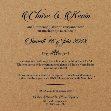 Encart kraft - Faire part de Mariage ciselé - Romantique