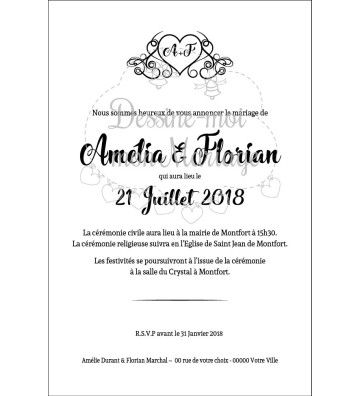 Faire part de Mariage ciselé - Ornement argenté ou doré