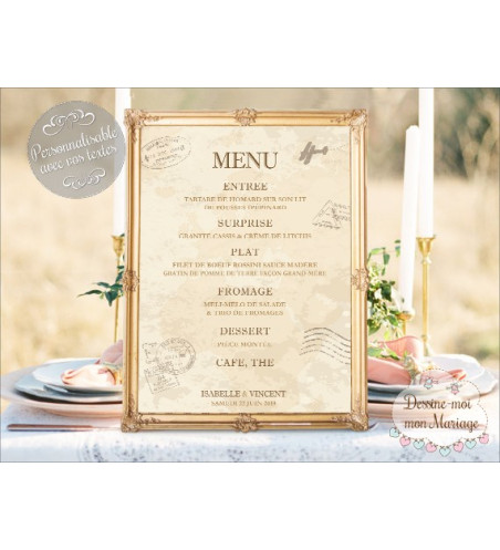 Tableau Menu Mariage "Voyage vintage" personnalisé