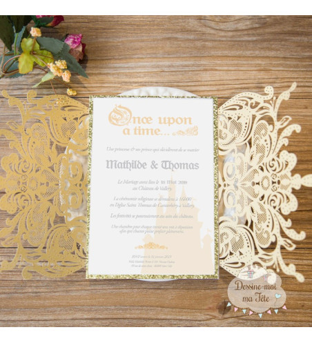 Faire part de Mariage ciselé - Il était une fois - mariage Princesse - DORE