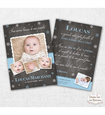 Faire part de naissance garçon - "ardoise flocons"