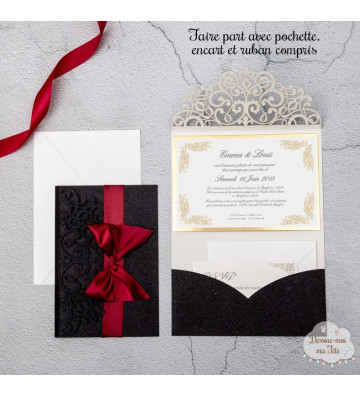 Faire part de Mariage ciselé - Pochette Rouge et noir