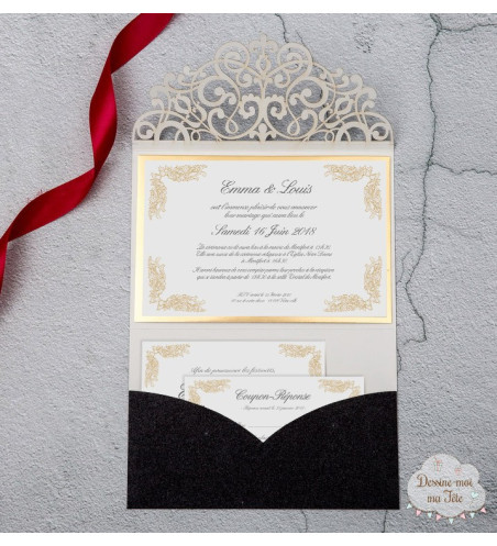 Faire part de Mariage ciselé - Pochette Rouge et noir