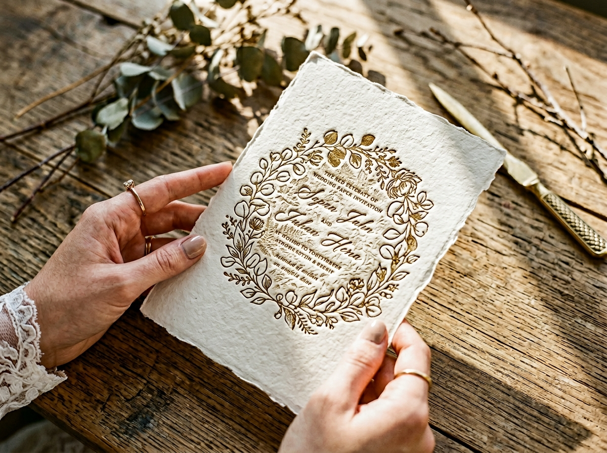 gros plan faire-part mariage papier texturé premium avec dorure à chaud – finition élégante