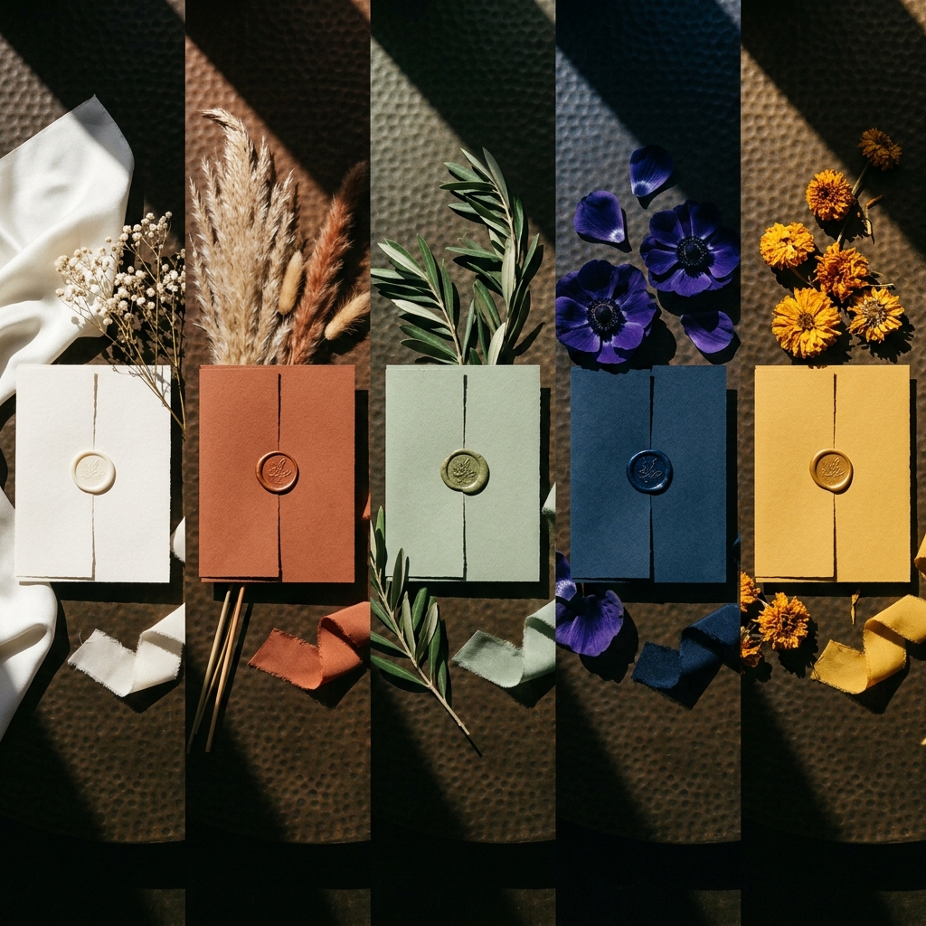 cinq palettes monochromes mariage 2026 – blanc ivoire, terracotta, vert sauge, bleu nuit, jaune soleil