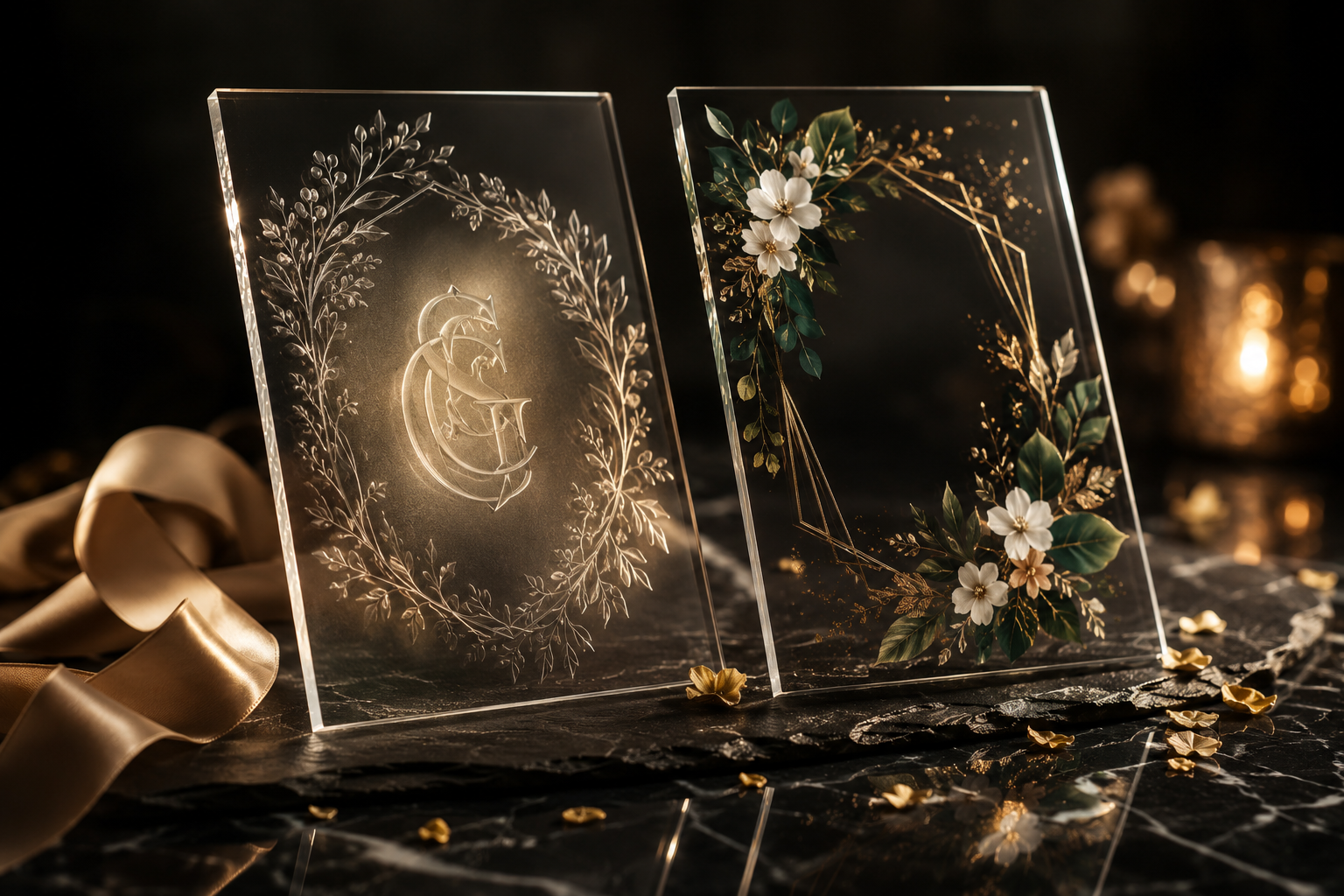comparatif gravure laser et impression UV sur invitation mariage acrylique – deux techniques côte à côte