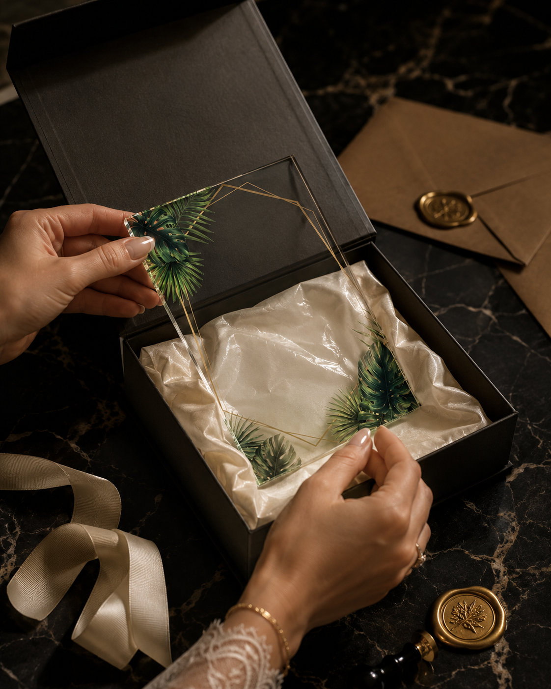 invitation mariage acrylique dans emballage luxe ruban champagne – packaging soigné