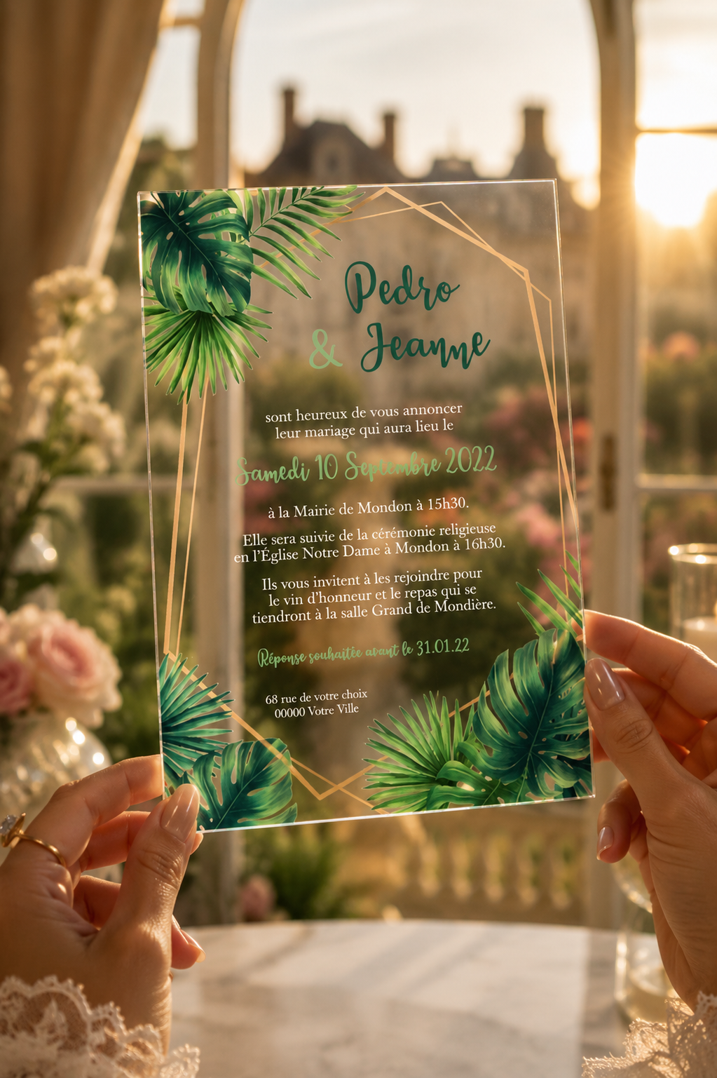 invitation mariage acrylique transparente tenue devant jardin fleuri – transparence unique