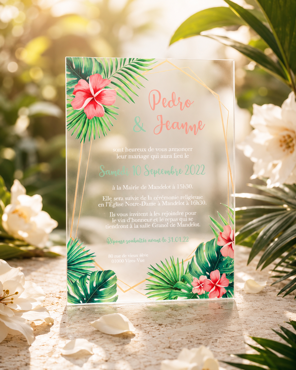 invitation mariage transparente en acrylique personnalisée avec calligraphie dorée – Dessine-moi Ma Fête