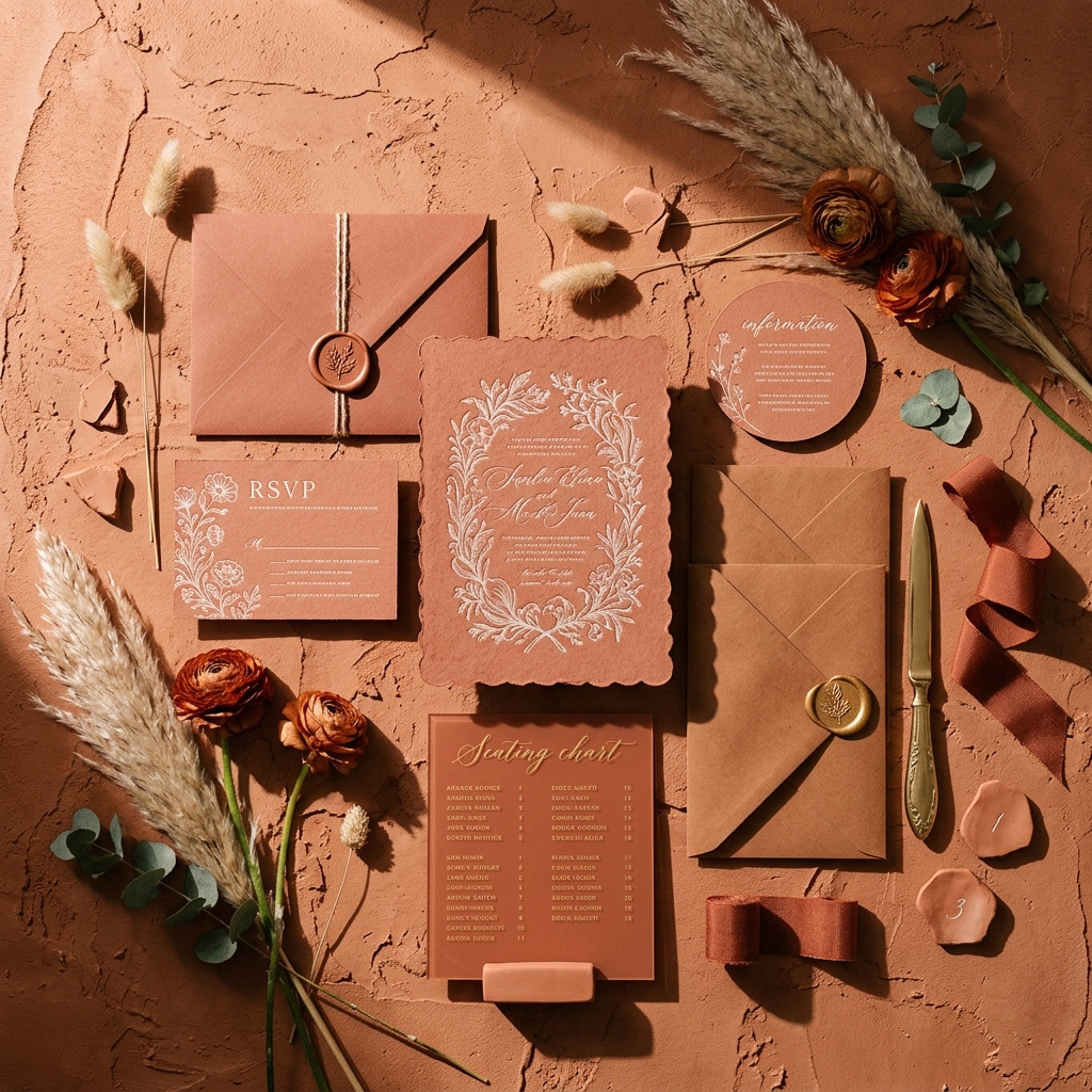papeterie mariage monochrome terracotta – faire-part, plan de table et marque-places coordonnés